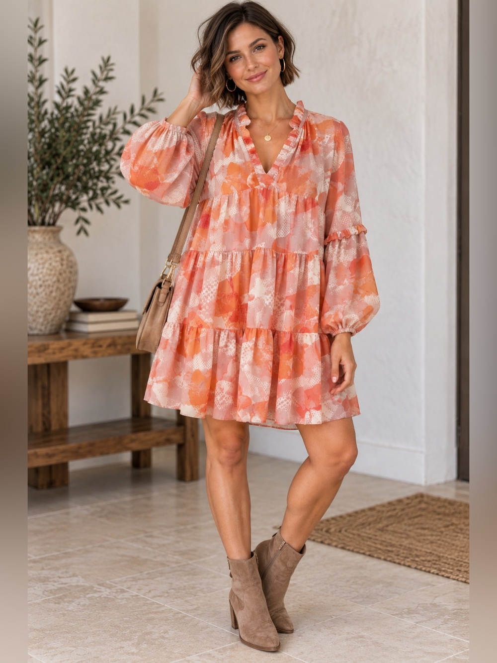 Express Abstract Print Ruffle Tiered Mini Dress Long Sleeve M Coral Pink